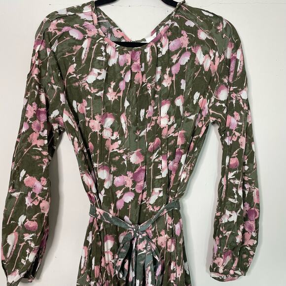 Caslon Long Sleeve Tie Waist Green Pink Abstract Midi Dress Size XXS - Picture 2 of 8